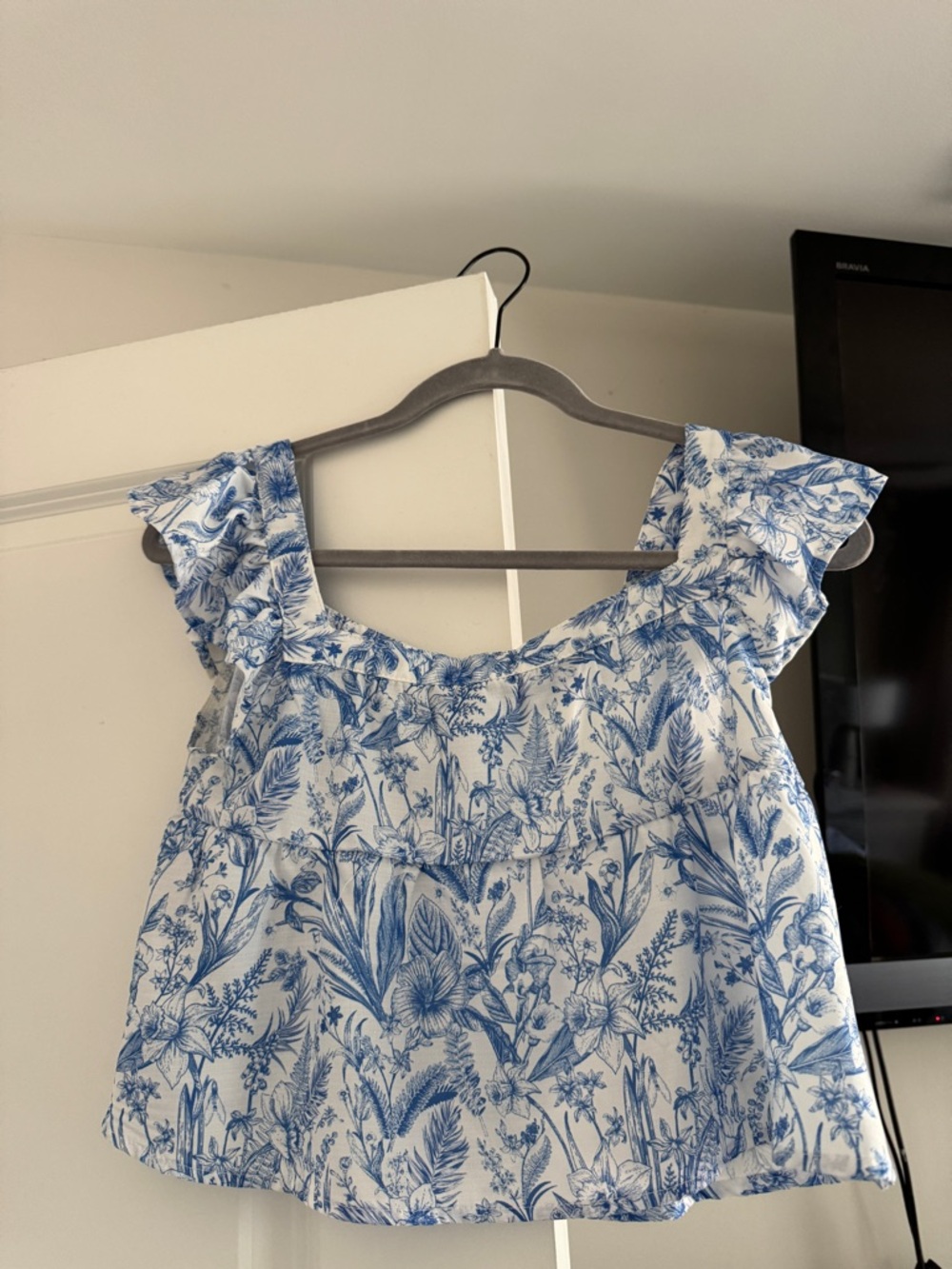 Blue Floral Ruffle-Sleeve Women's Blouse